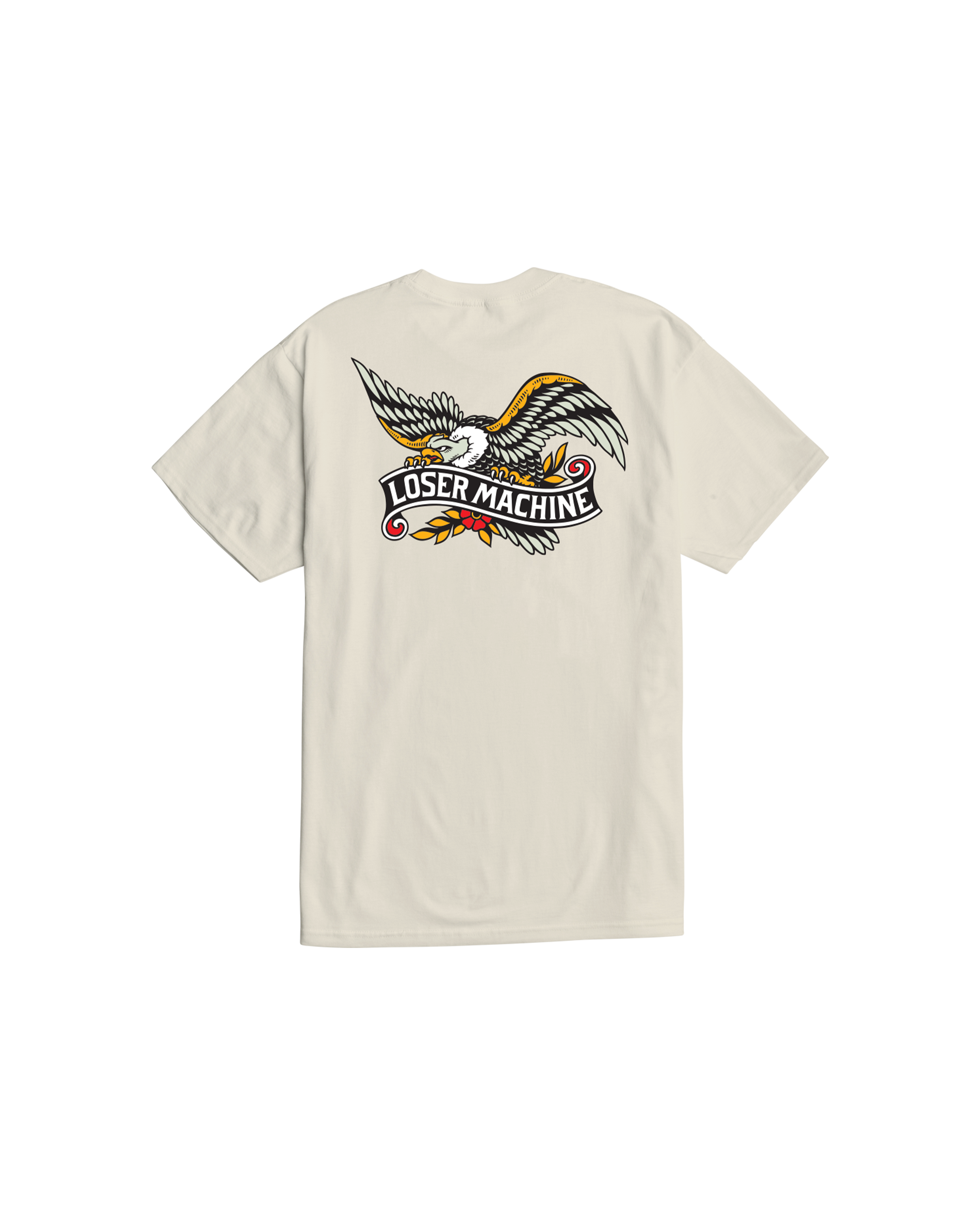 Glory Bound front view, Cream with spread-wing eagle graphic in black, white, gold, and red, "Loser Machine" banner text
