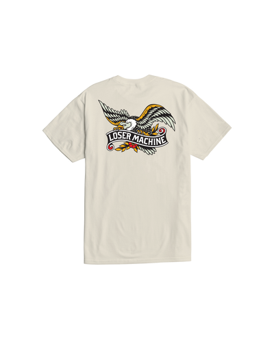 Glory Bound front view, Cream with spread-wing eagle graphic in black, white, gold, and red, "Loser Machine" banner text