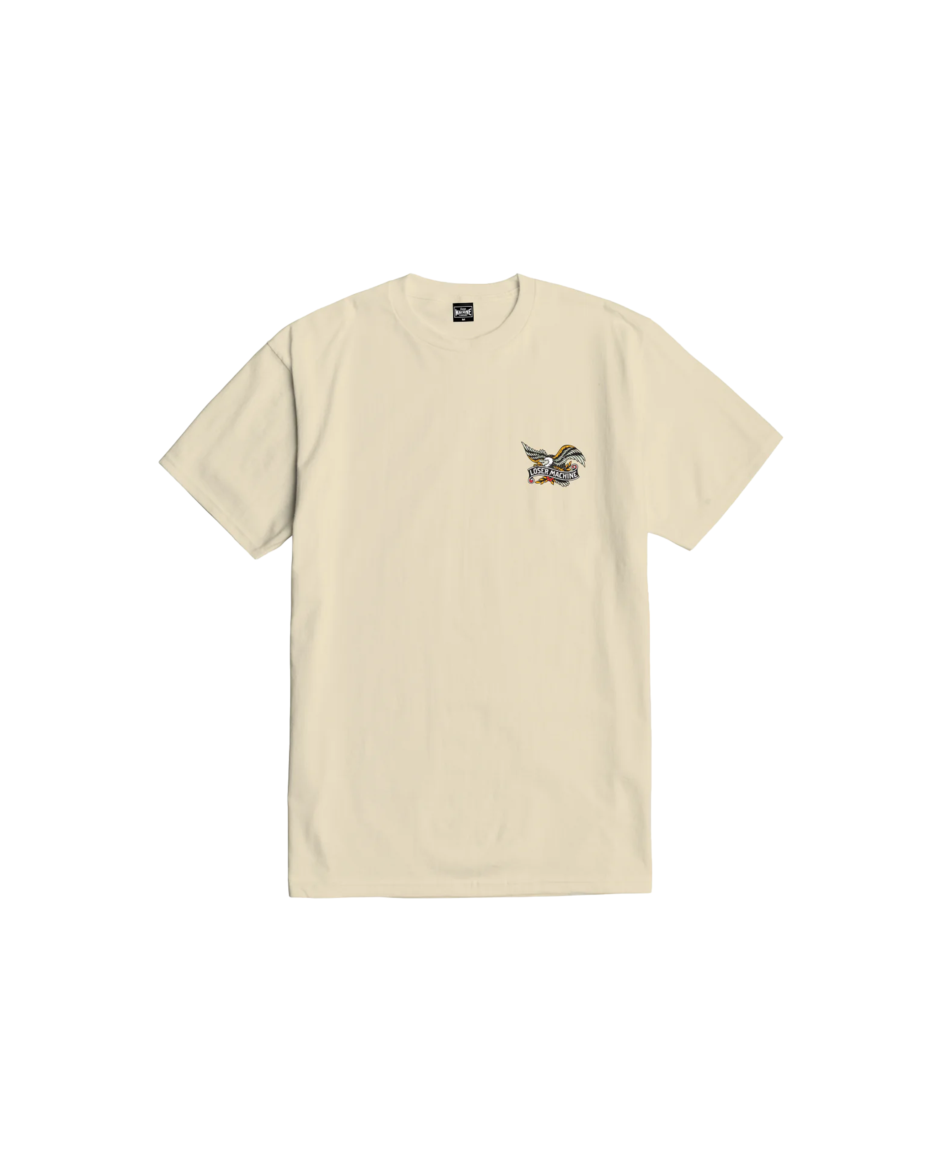Close-up of Glory Bound White Tee showing Cream tee with small winged eagle graphic on chest - Slowride Supply