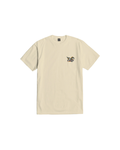 Close-up of Glory Bound White Tee showing Cream tee with small winged eagle graphic on chest - Slowride Supply