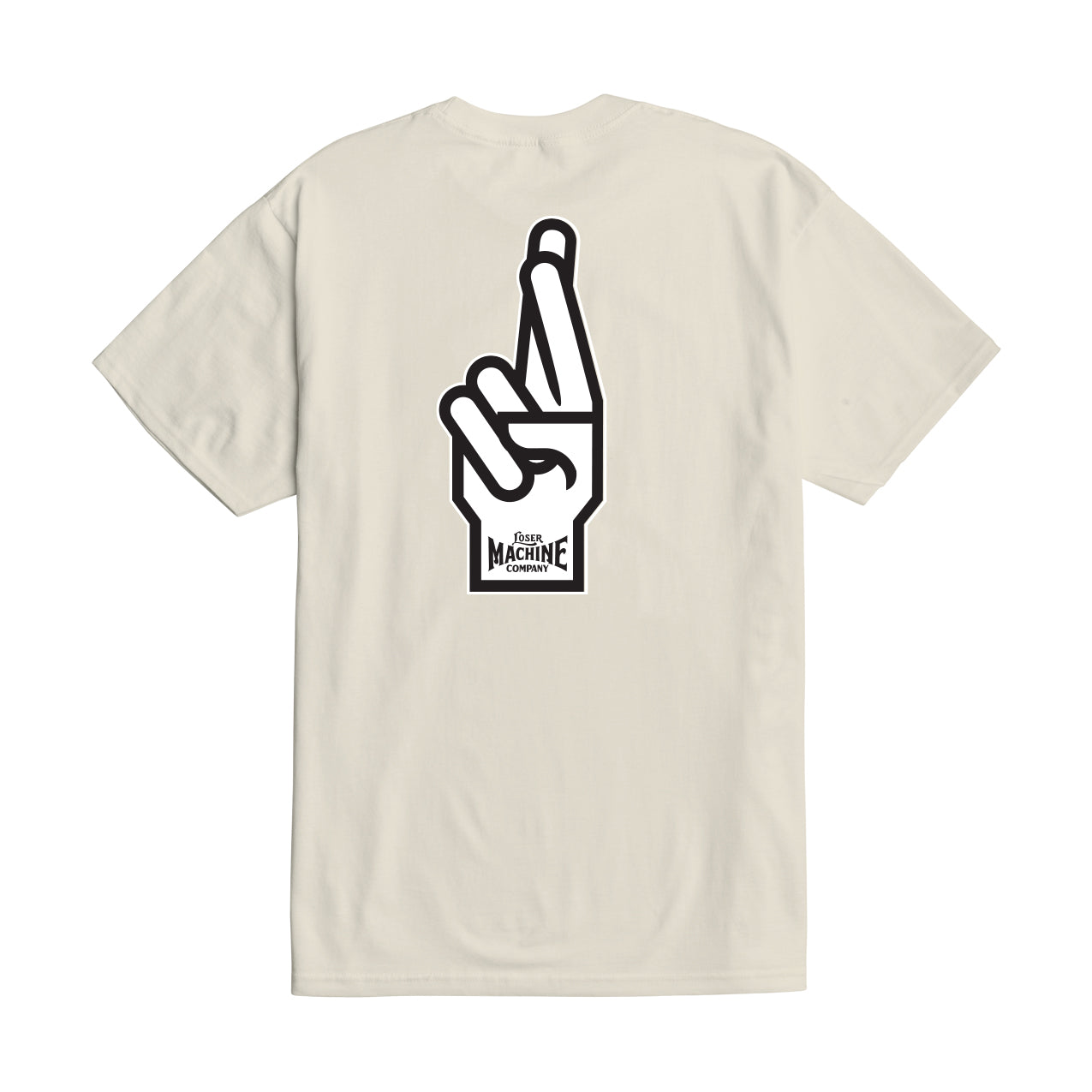 Back of Good Luck Fingers Black Tee, Cream with black peace-sign hand graphic and text below - Slowride Supply