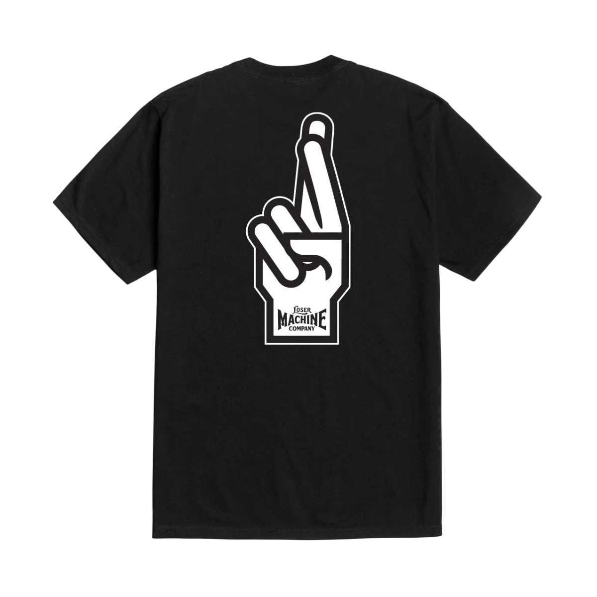Good Luck Fingers front view, Black with white hand gesture graphic and company text below, Black Tee - Slowride Supply
