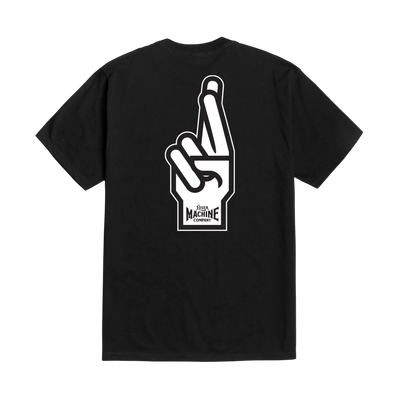 Good Luck Fingers front view, Black with white hand gesture graphic and company text below, Black Tee - Slowride Supply
