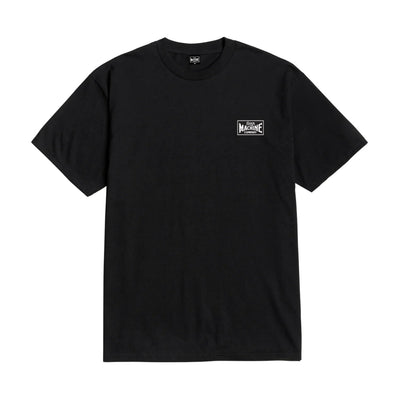 Close-up of Good Luck Fingers Black Tee showing Black tee with small white rectangular chest logo featuring machine shop