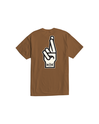 Close-up of Good Luck Fingers Black Tee showing Brown with cream and black peace-sign hand graphic, outlined border and text