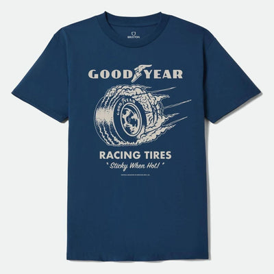 Goodyear Cheater Slick front view, Navy with cream Goodyear Racing Tires graphic and flaming tire illustration with tagline