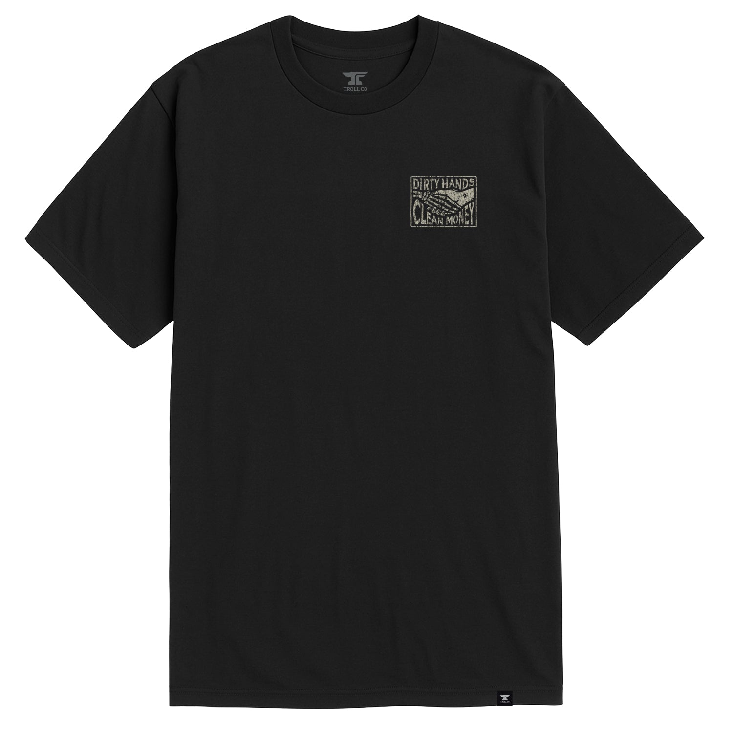 Close-up of Haggler Box Black Tee showing Black tee with small chest graphic reading "Dirty Hands Clean Money" featuring