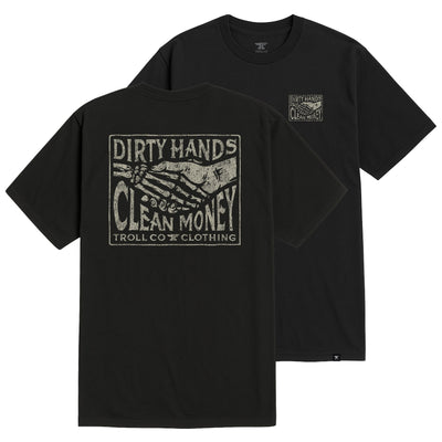 Haggler Box front view, Black with cream distressed graphic of skeleton hands and "Dirty Hands Clean Money" text in bordered