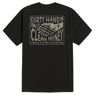 Back of Haggler Box Black Tee, Black with tan distressed graphic featuring skeleton hands holding cash, text reading "Dirty