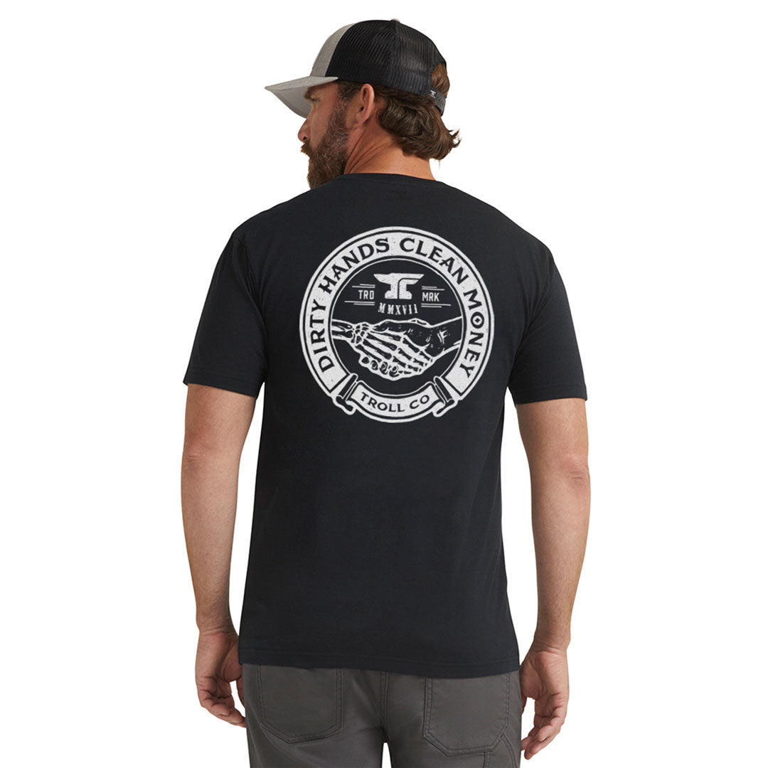 Back of Haggler Black Tee, Black with white circular badge graphic featuring handshake and text around perimeter - Slowride