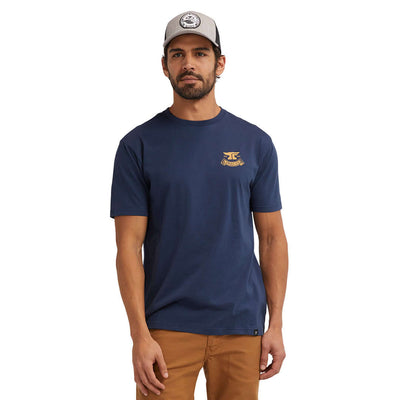 Person wearing Haggler Black Tee, Man wearing navy tee standing against neutral white background - Slowride Supply