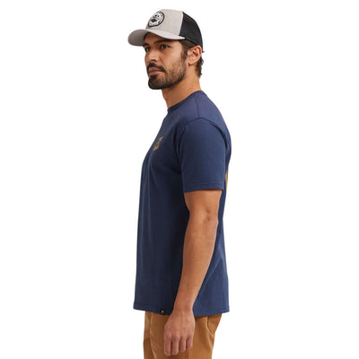 Person wearing Haggler Black Tee, Man wearing navy tee against neutral white studio background - Slowride Supply