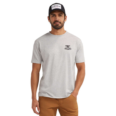 Person wearing Haggler Black Tee, Man wearing heather gray tee with small chest graphic, posed against plain white