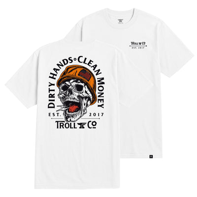 Hardhat front view, White with black skull wearing orange hardhat and red tongue, "Dirty Hands Clean Money" text arc, White