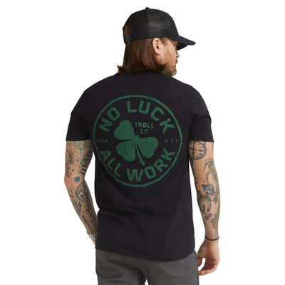 Hardluck front view, Black with green distressed circular shamrock graphic and "No Luck All Work" text around border, Black