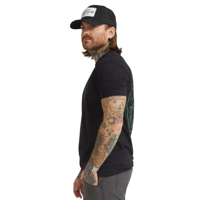 Person wearing Hardluck Black Tee, Man wearing black tee against white studio background - Slowride Supply