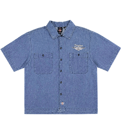 Hdxdickies Chambray Work Shirt Light Wash Denim S/S Woven front view, Light wash denim with white script text and winged