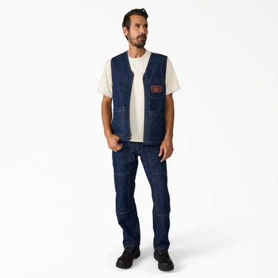 Person wearing Hdxdickies Denim Lined Vest RNB Vest Vest, Worn over cream tee in neutral studio setting with white backdrop