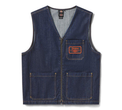 Hdxdickies Denim Lined Vest RNB Vest front view, Dark indigo denim with orange and red chest patch logo and brass zipper,
