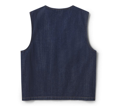 Close-up of Hdxdickies Denim Lined Vest RNB Vest Vest showing Dark indigo denim with contrast topstitching along neckline