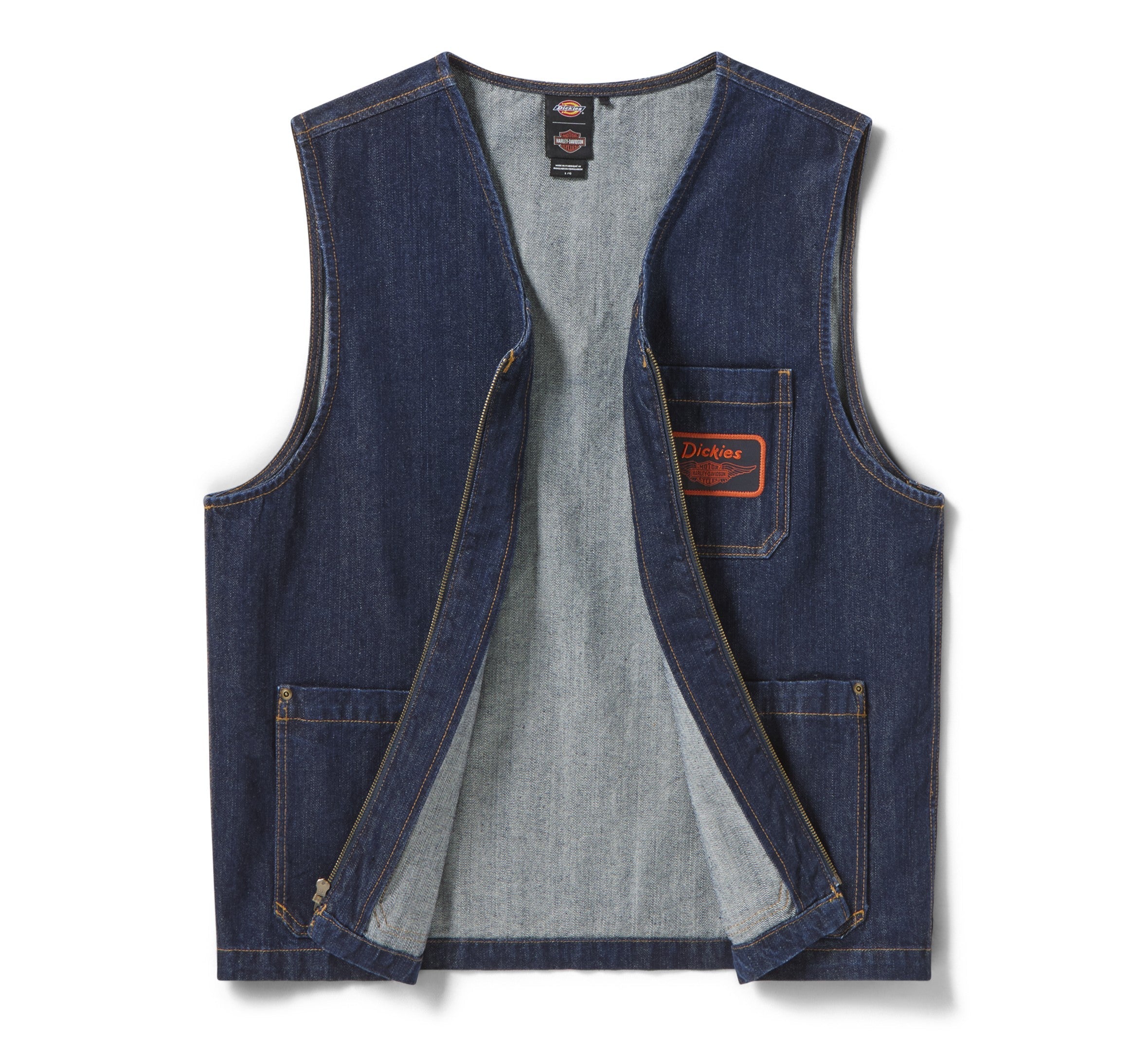 Back of Hdxdickies Denim Lined Vest RNB Vest Vest, Dark indigo denim vest with gray lining, chest pocket featuring red