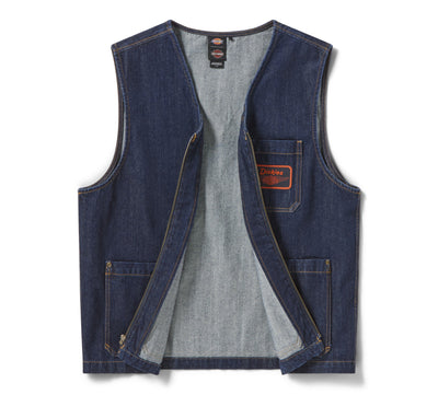 Back of Hdxdickies Denim Lined Vest RNB Vest Vest, Dark indigo denim vest with gray lining, chest pocket featuring red