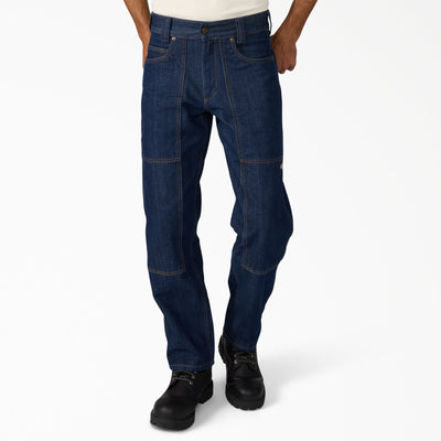 Hdxdickies Denim Pant RNB Pants front view, Dark indigo denim with tan topstitching and reinforced knee patches, Pants -