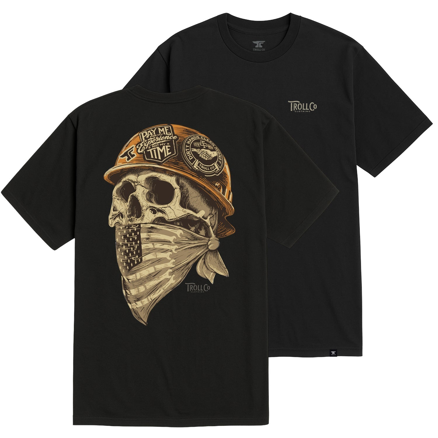 Headstrong front view, Black with tan and gold skull wearing racing helmet and bandana, text reading "Pay Me the Experience