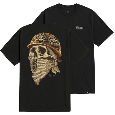 Headstrong front view, Black with tan and gold skull wearing racing helmet and bandana, text reading "Pay Me the Experience