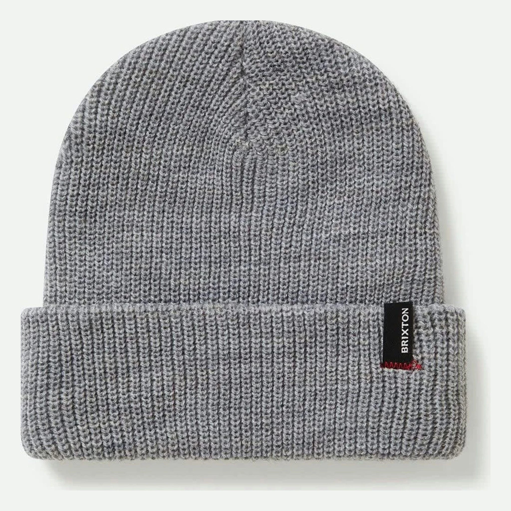 Back of Heist Mustard Beanie, Gray ribbed knit beanie with black woven label and red underside stitching - Slowride Supply