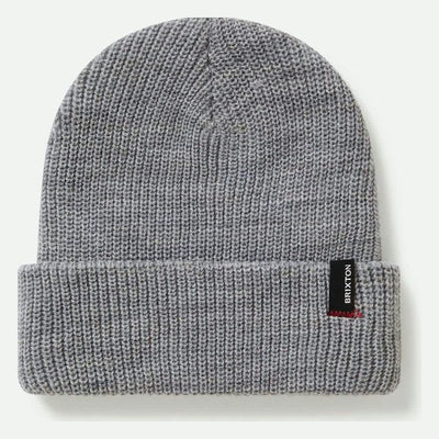 Back of Heist Mustard Beanie, Gray ribbed knit beanie with black woven label and red underside stitching - Slowride Supply