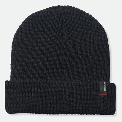 Heist front view, Black ribbed knit beanie with small woven label at cuff, Mustard Beanie - Slowride Supply