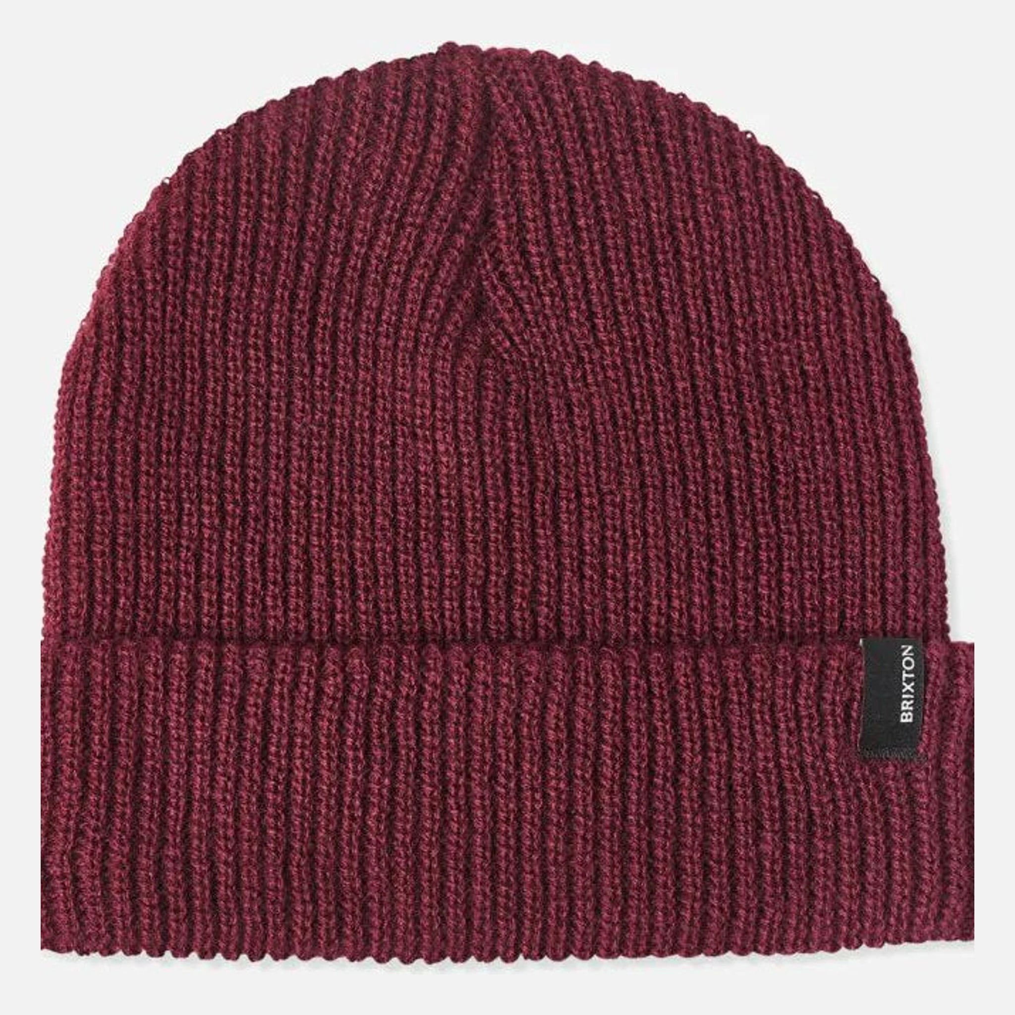 Close-up of Heist Mustard Beanie showing Burgundy ribbed knit beanie with black woven label at cuff - Slowride Supply