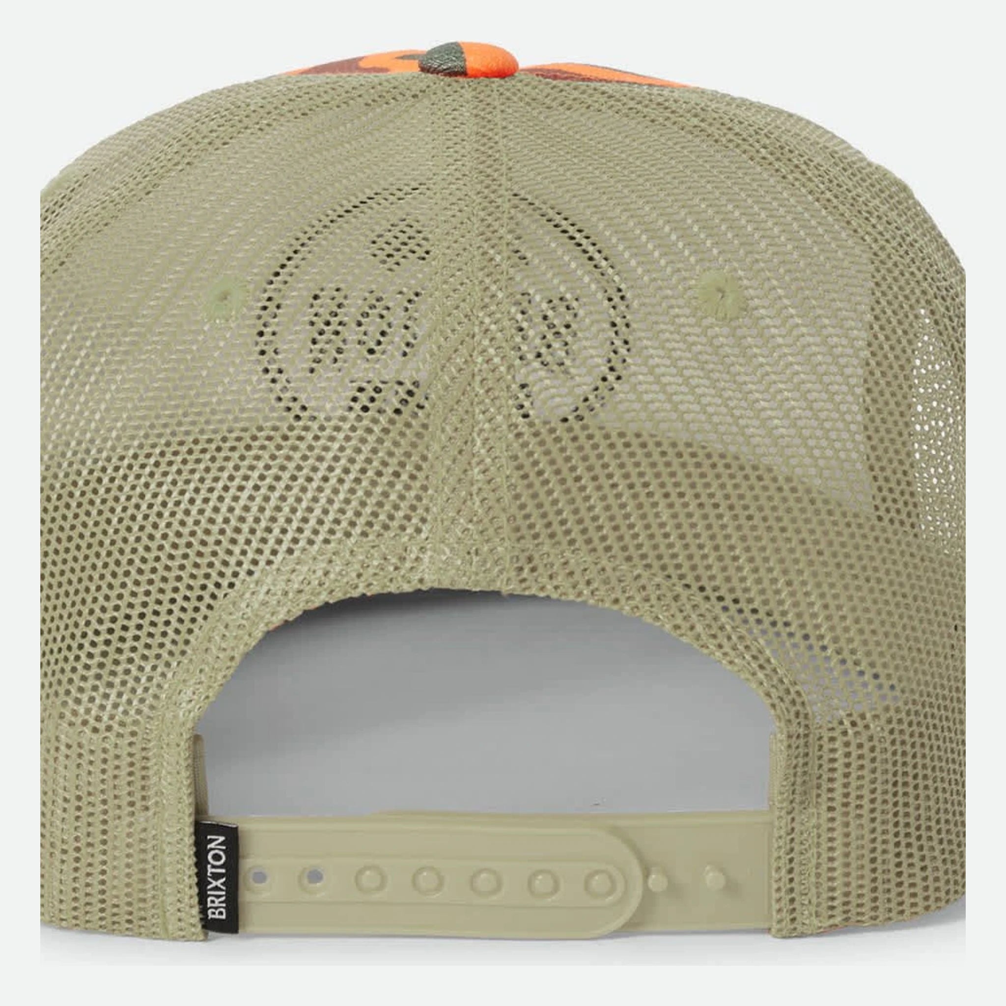 Back of Henry MP Trucker Hat Apparel Orange Duck Camo/Orange Apparel, Tan mesh back with perforated circular logo design,