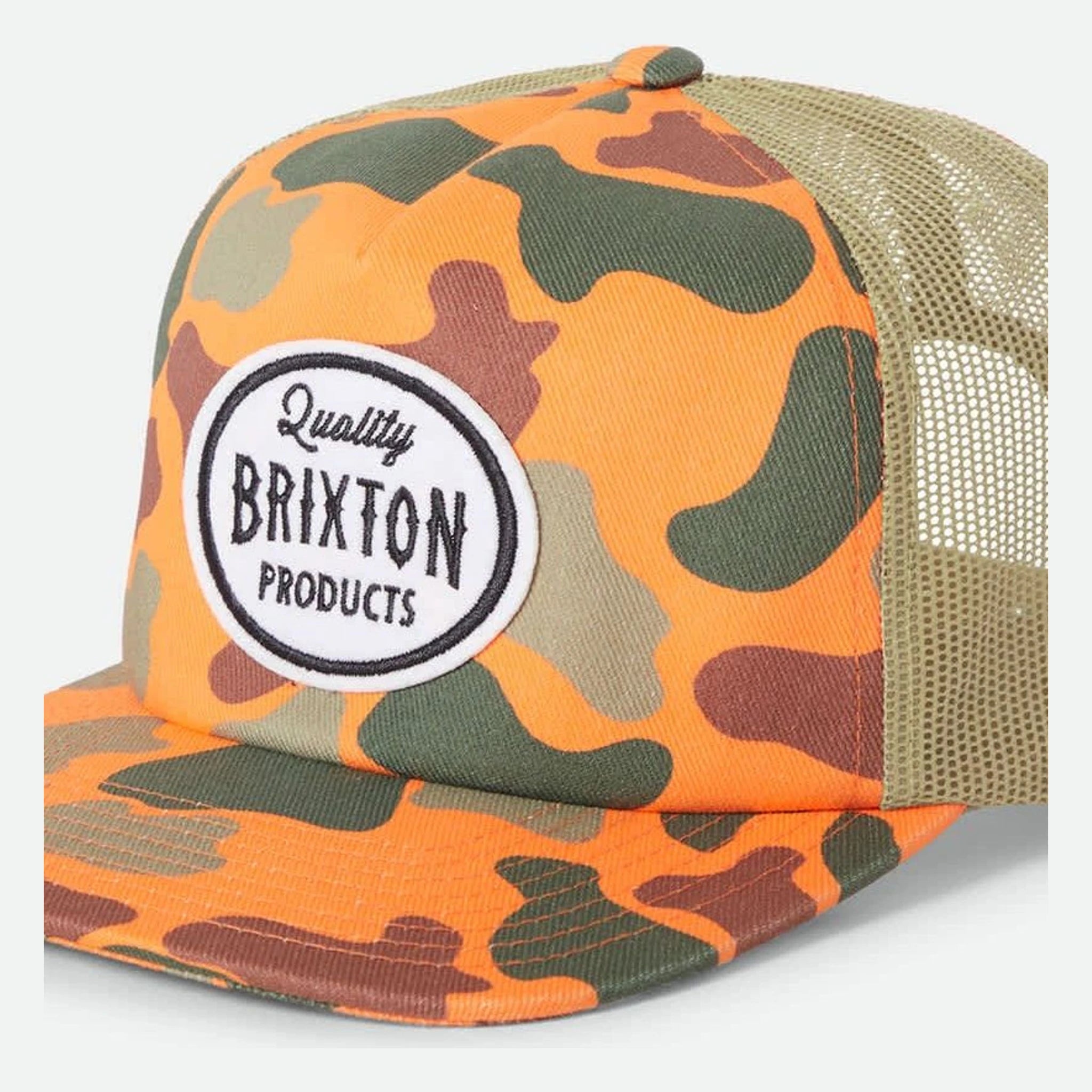Henry MP Trucker Hat Apparel front view, Orange with forest green, burgundy, and tan camouflage pattern, circular white