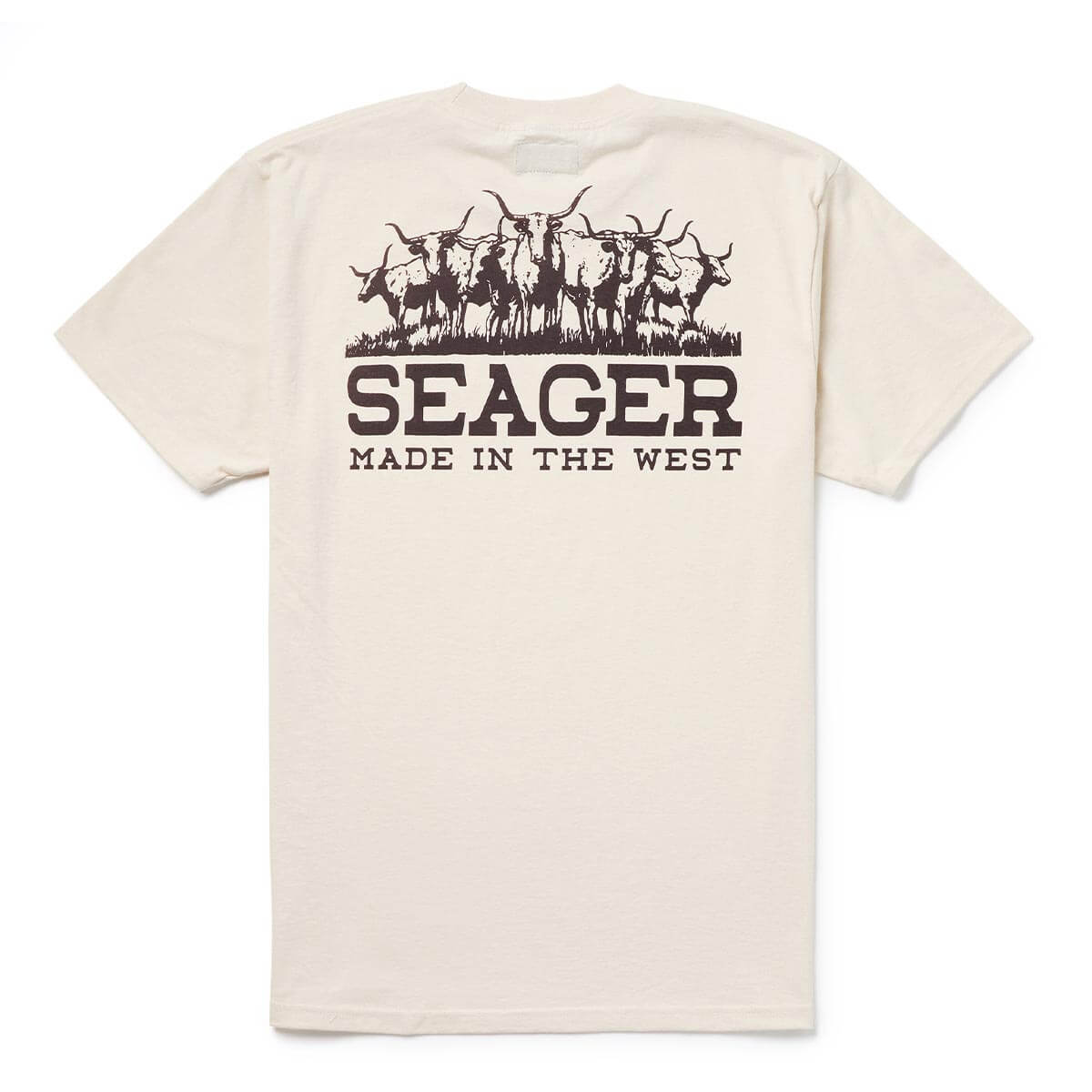 Herd front view, Vintage white with brown longhorn herd graphic and "SEAGER MADE IN THE WEST" text, Vintage White Tee -