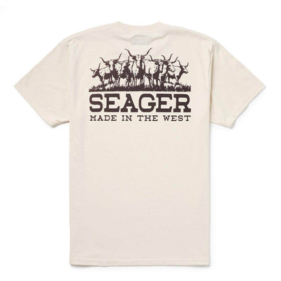 Herd front view, Vintage white with brown longhorn herd graphic and "SEAGER MADE IN THE WEST" text, Vintage White Tee -