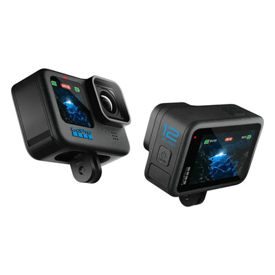 Hero 12 Camera front view, Black action camera with blue illuminated controls and dual-lens modular design showing