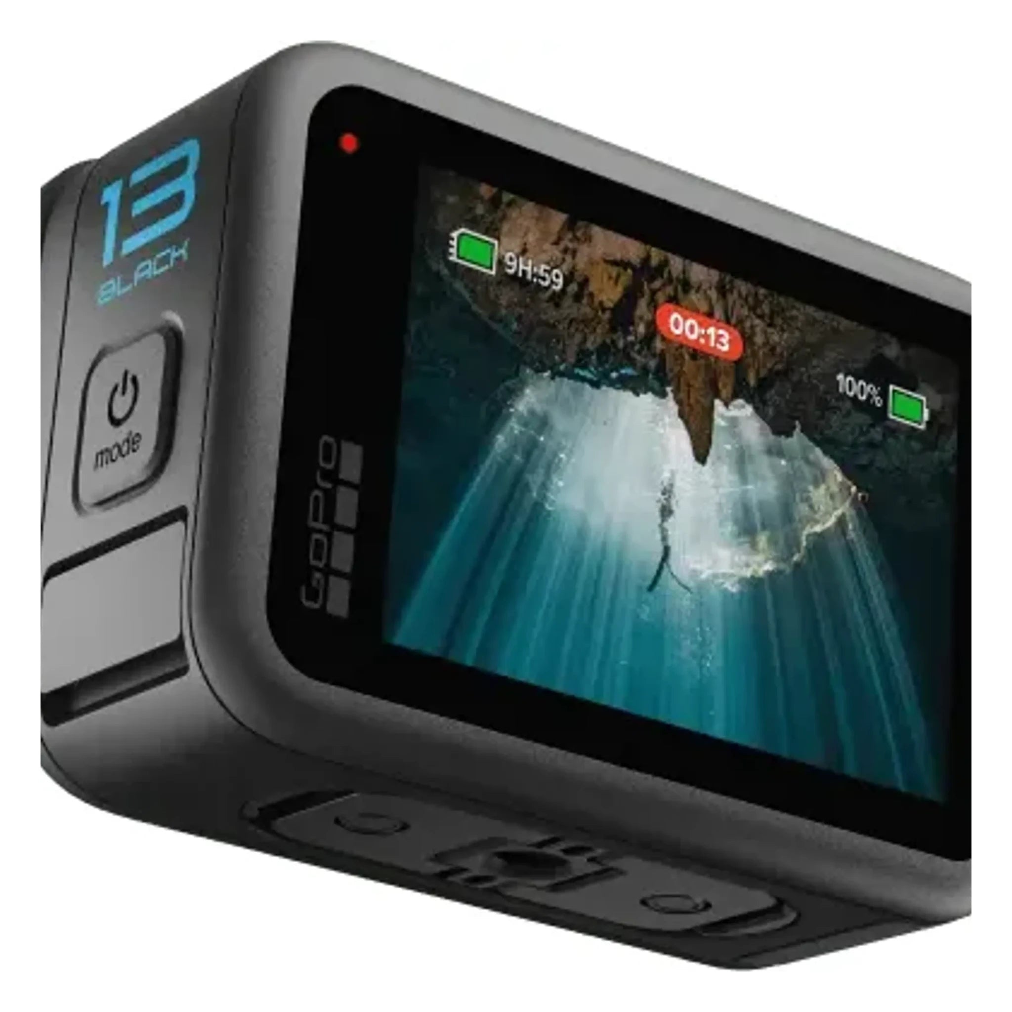 Back of Hero 13 Camera Camera, Black back with underwater cave footage on screen display - Slowride Supply