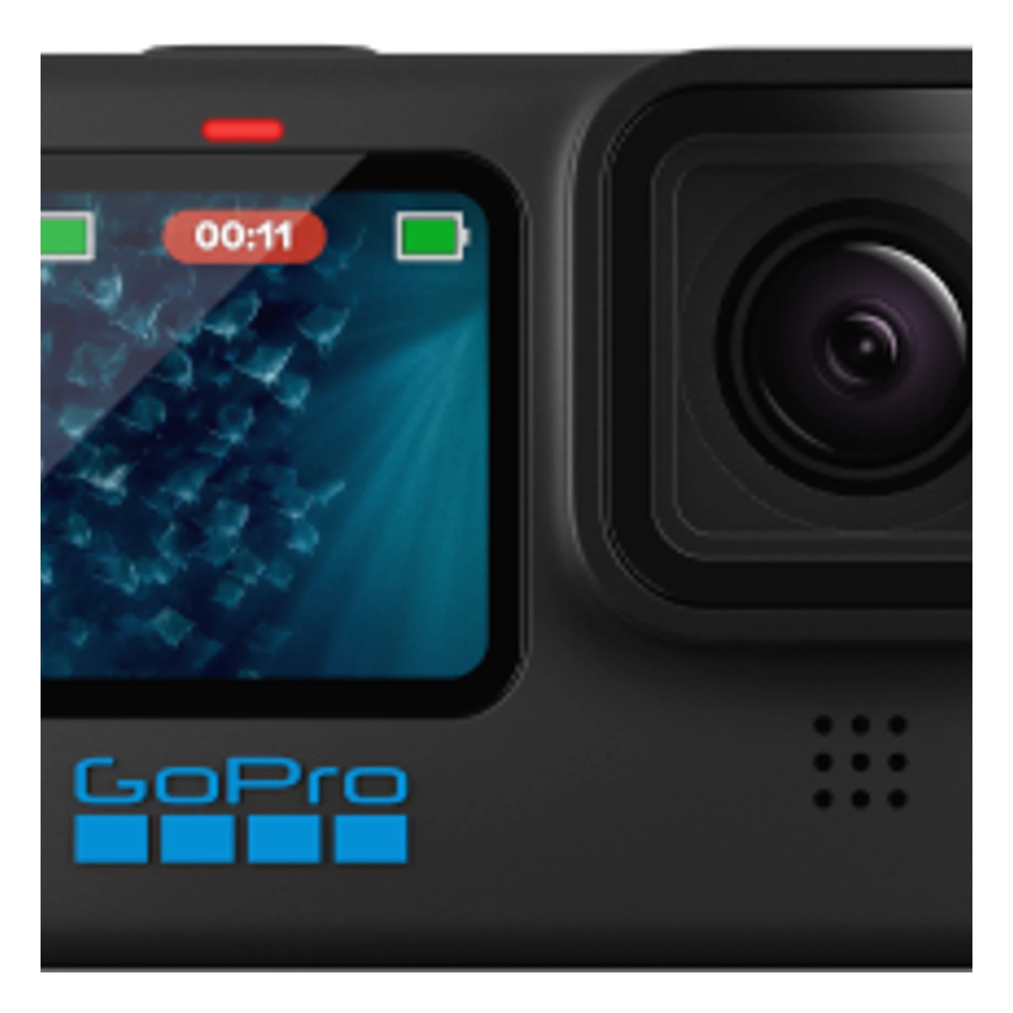 Hero 11 Camera front view, Black body with dual screen display, front LCD showing teal abstract graphic, wide-angle lens on