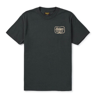 Close-up of High Noon Vintage Black Tee showing Charcoal tee with small cream and gold decorative badge logo on chest