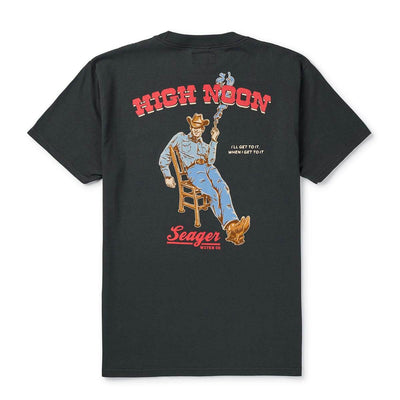 High Noon front view, Black with red "High Noon" text, cowboy figure on chair holding rope, blue shirt and tan boots,