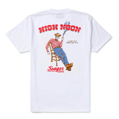Back of High Noon Vintage Black Tee, White with red "High Noon" lettering, cowboy character seated on chair holding staff,