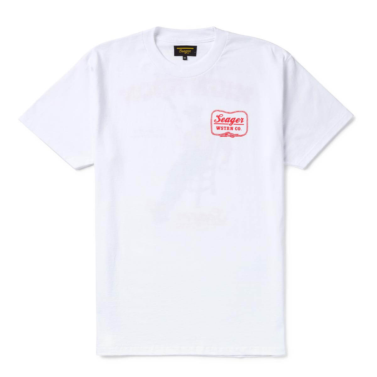 Close-up of High Noon Vintage Black Tee showing White tee with red embroidered chest graphic and ornamental border detail -