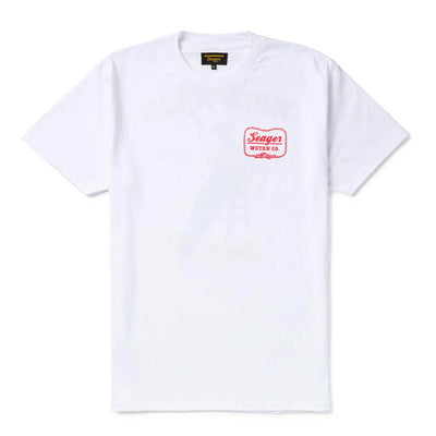 Close-up of High Noon Vintage Black Tee showing White tee with red embroidered chest graphic and ornamental border detail -