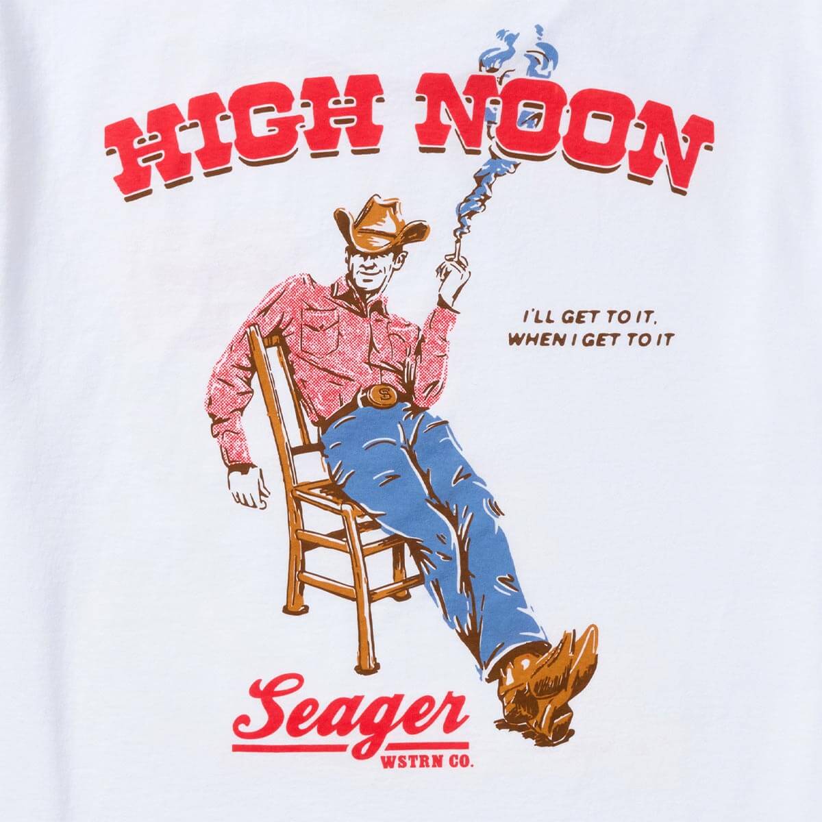 Close-up of High Noon Vintage Black Tee showing Red and blue cowboy graphic with "High Noon" text, seated figure holding