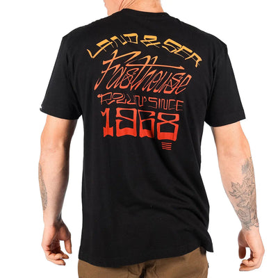 Person wearing Horizon Black Tee, Wearer standing against neutral white background, arms at sides - Slowride Supply