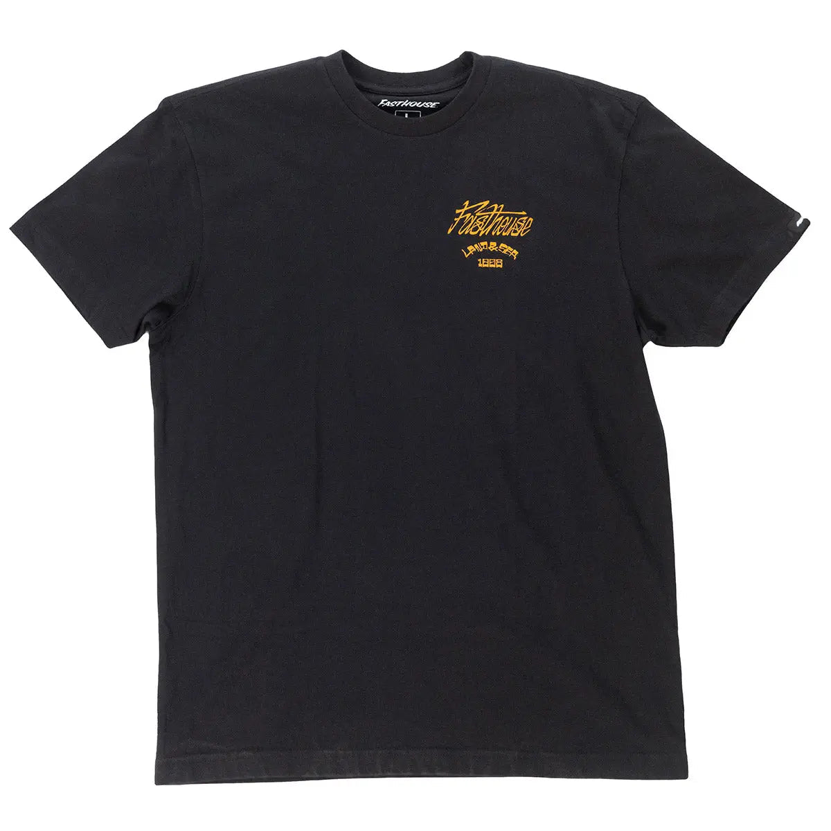 Close-up of Horizon Black Tee showing Black cotton tee with small gold embroidered graphic and text on chest - Slowride