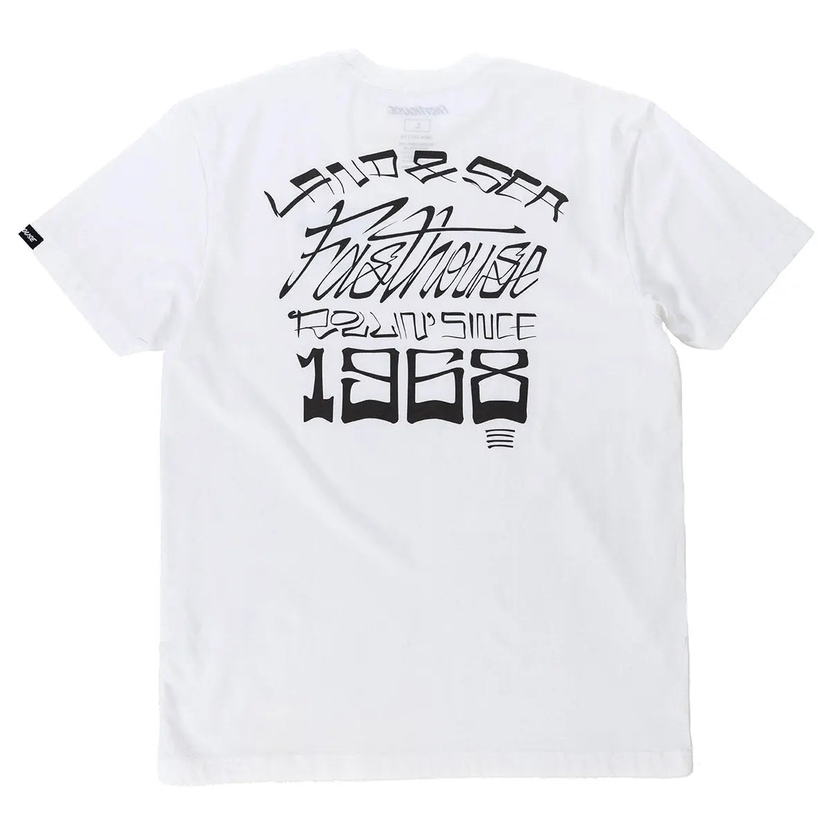 Close-up of Horizon Black Tee showing White tee with black distressed serif and script typography reading "1968" and
