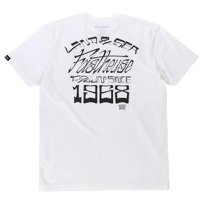 Close-up of Horizon Black Tee showing White tee with black distressed serif and script typography reading "1968" and